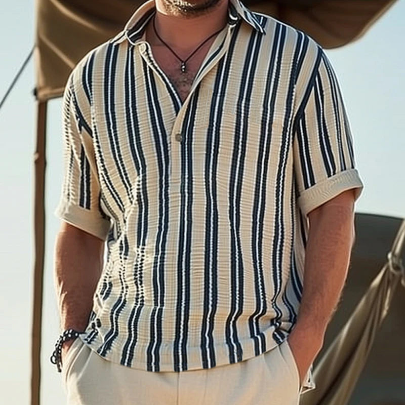 MEN'S COTTON STRIPED SHORT SLEEVE SHIRT WITH V-NECK