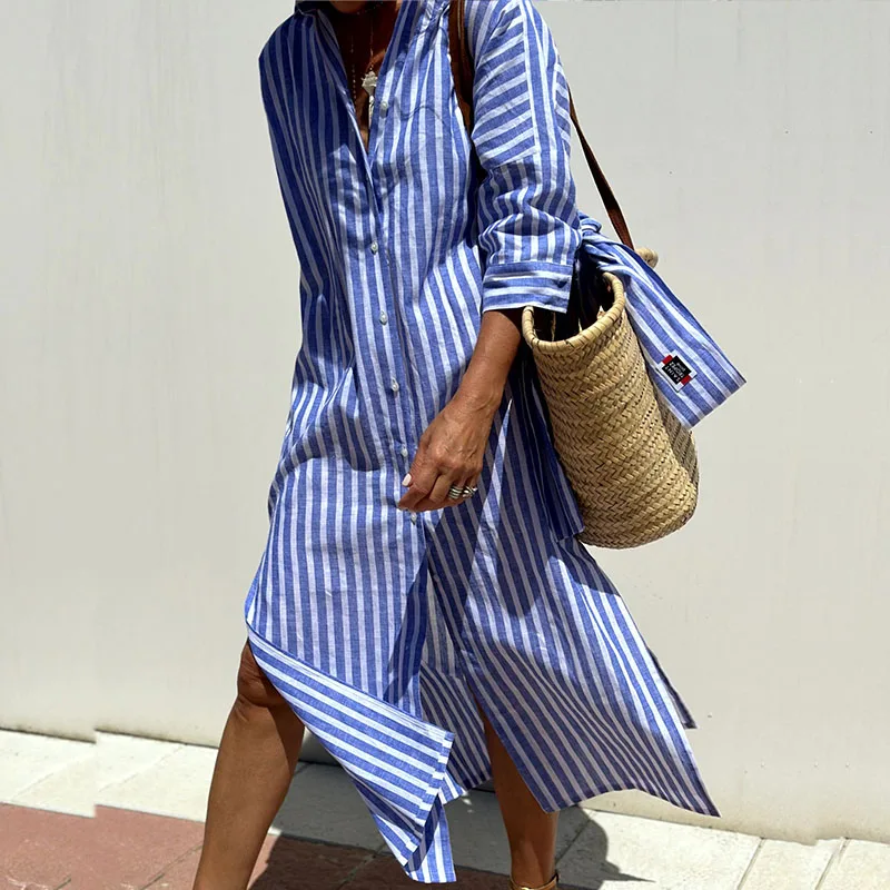 WOMEN'S STRIPED LINEN SHIRT DRESS FOR SUMMER