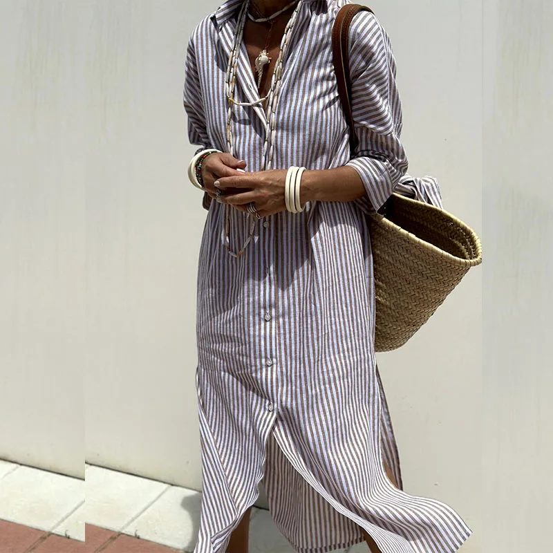 WOMEN'S STRIPED LINEN SHIRT DRESS FOR SUMMER