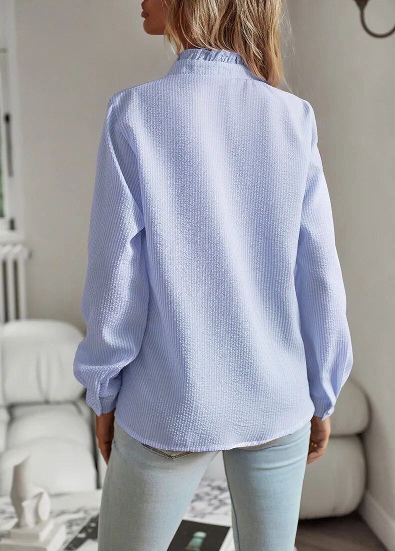 Women's Ruffled Button-up Blouse With Long Sleeves