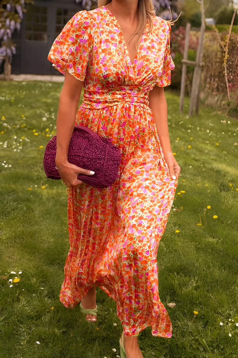 Women's Floral Maxi Summer Dress With V-neck & Short Sleeves
