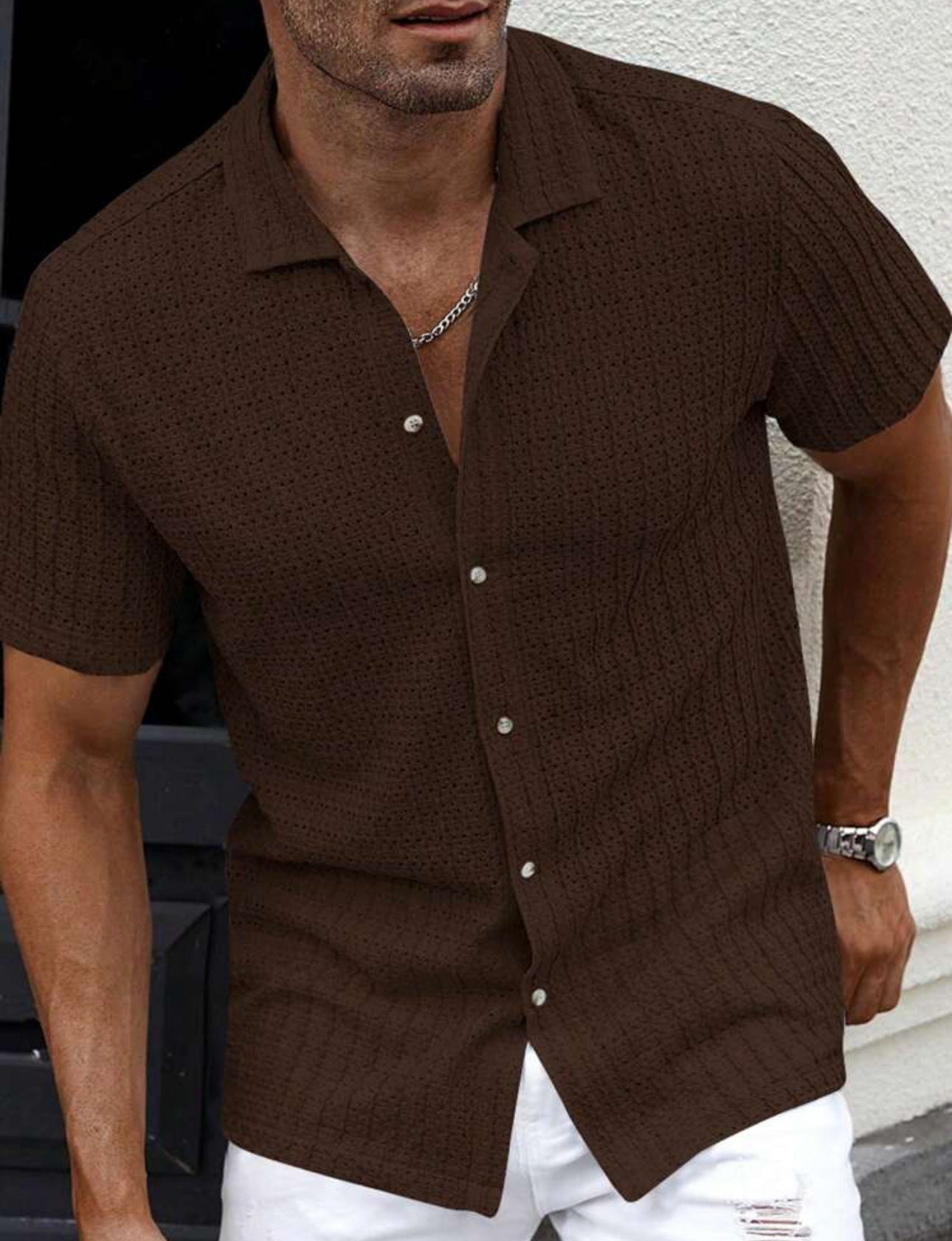 MEN'S LINEN KNITTED SHORT SLEEVE SHIRT WITH BUTTON DOWN FRONT