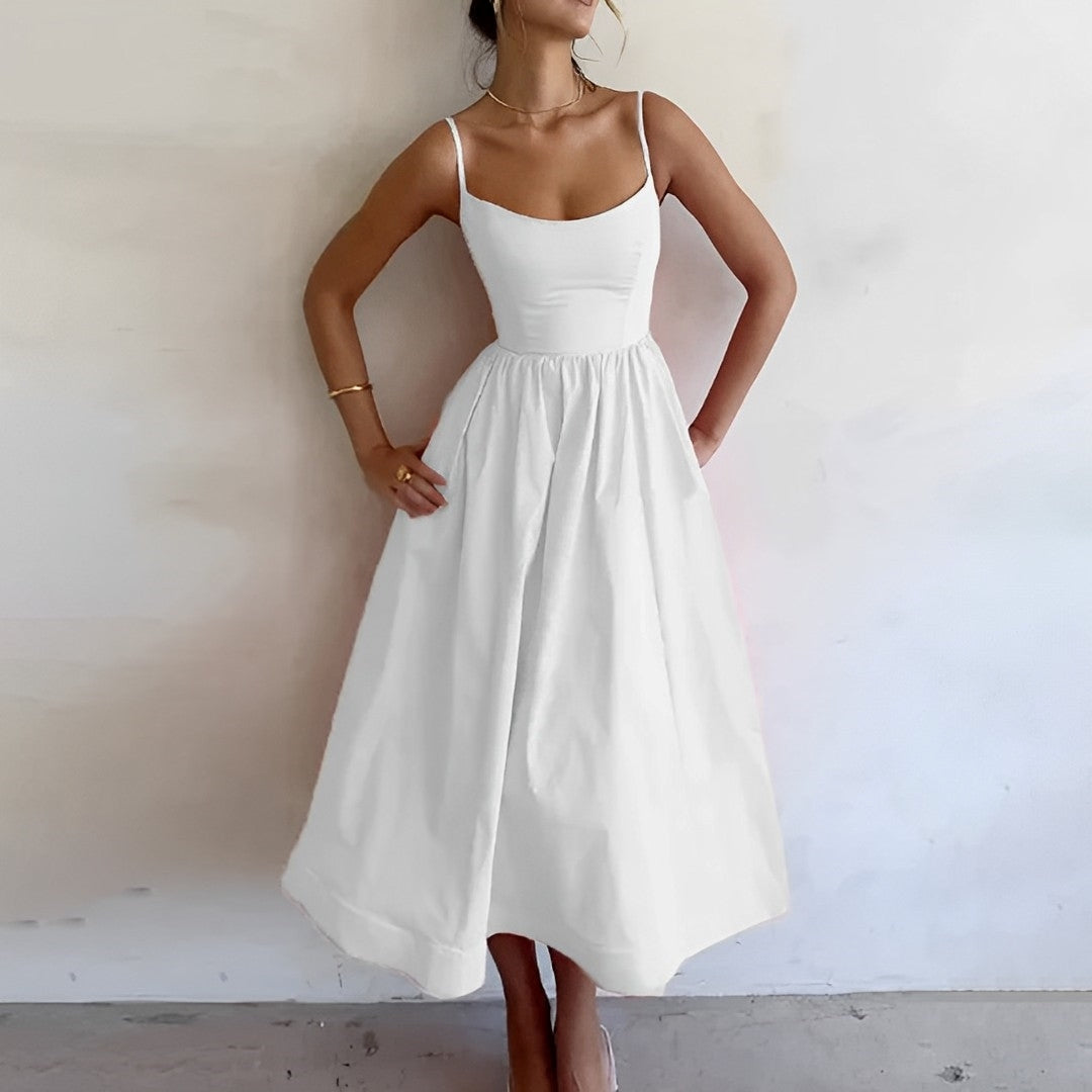 Women's Spaghetti Strap Summer Midi Dress With Fitted Bodice