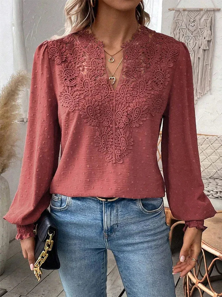 Women's Lace Blouse With Long Sleeves & V-neck