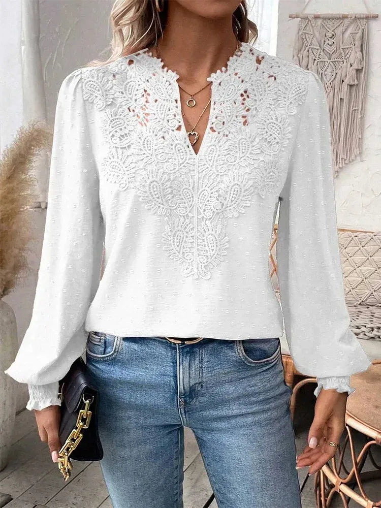 Women's Lace Blouse With Long Sleeves & V-neck
