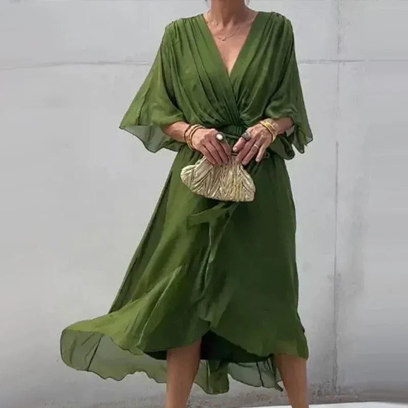 Women's Chiffon Midi Dress With Flowy Sleeves & V-neck