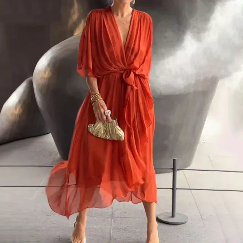 Women's Chiffon Midi Dress With Flowy Sleeves & V-neck