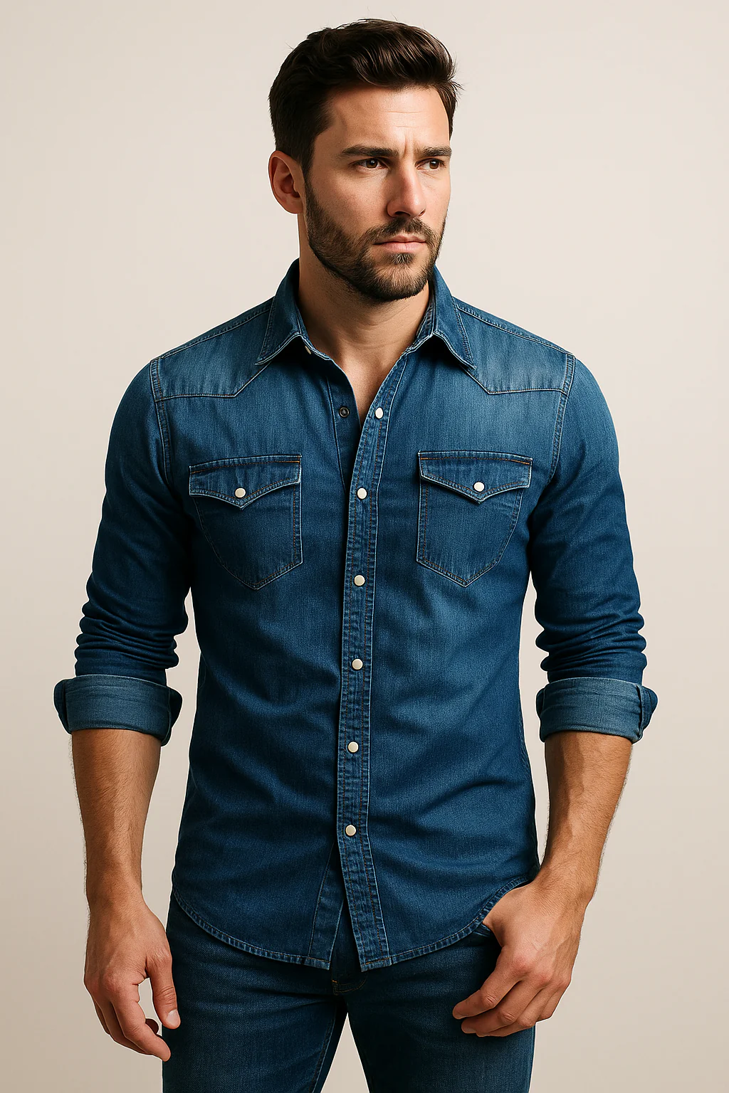 MEN'S SLIM FIT DENIM SHIRT WITH LONG SLEEVES