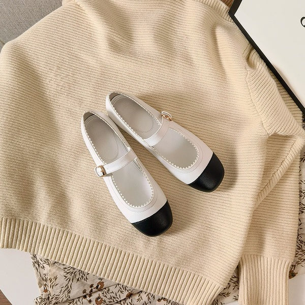 WOMEN'S TWO-TONE MARY JANE FLATS WITH ADJUSTABLE STRAP