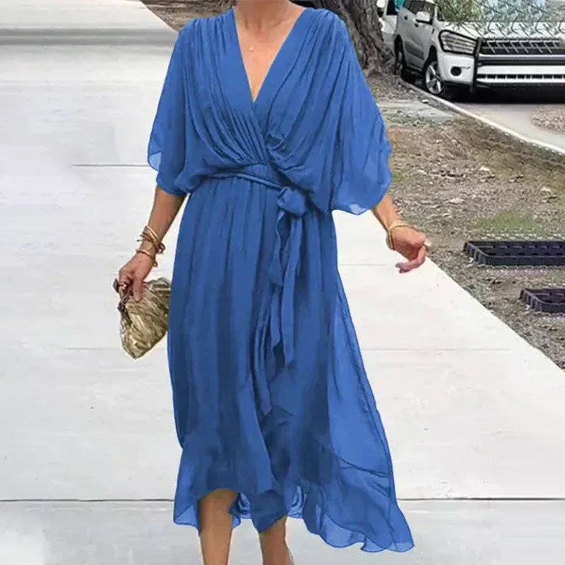Women's Chiffon Midi Dress With Flowy Sleeves & V-neck