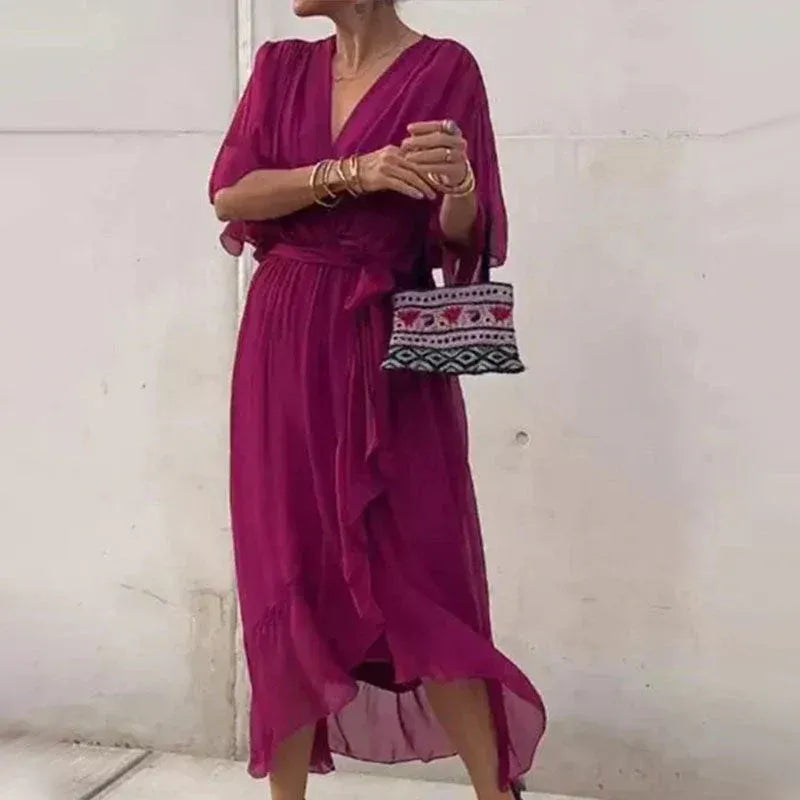 Women's Chiffon Midi Dress With Flowy Sleeves & V-neck