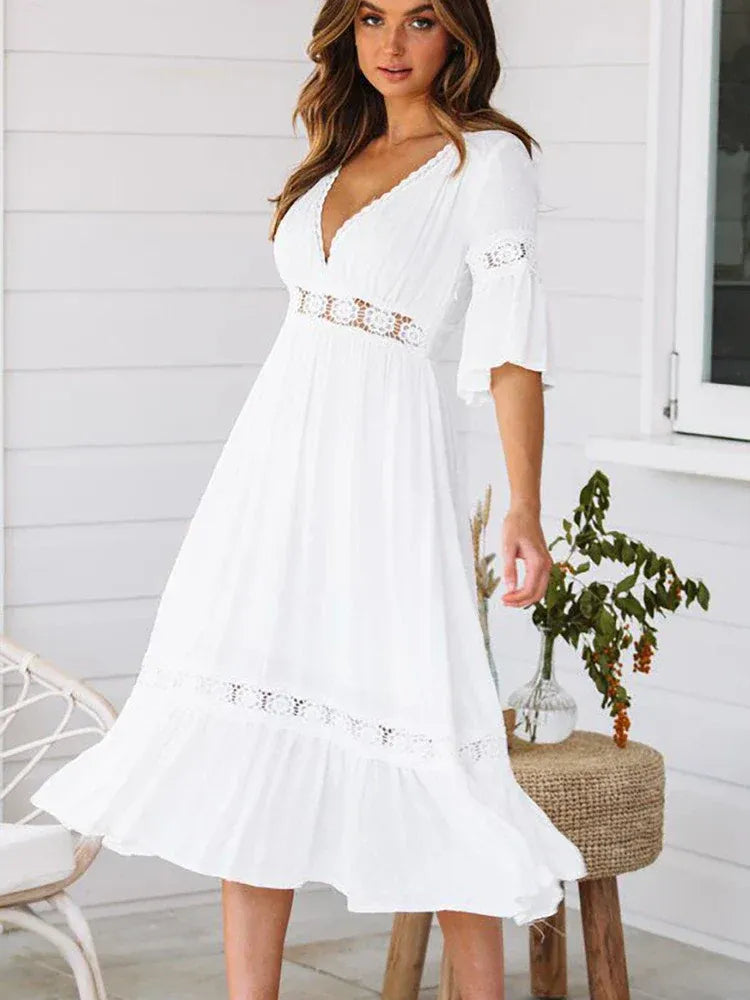 WOMEN'S BOHO MIDI DRESS WITH CROCHET TRIM AND V-NECK