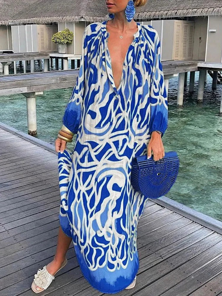 WOMEN'S BOHO PRINTED MAXI DRESS WITH DEEP V-NECK