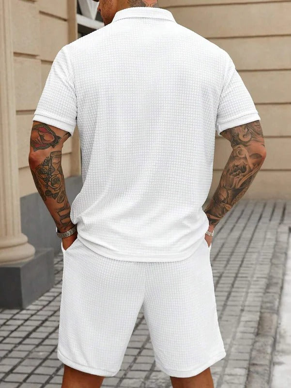 White Textured Polo Shorts Set