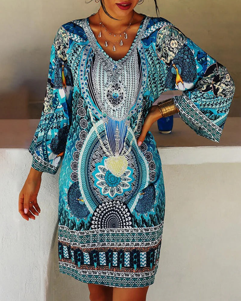 WOMEN'S BOHO PRINTED MINI DRESS WITH V-NECK AND LONG SLEEVES