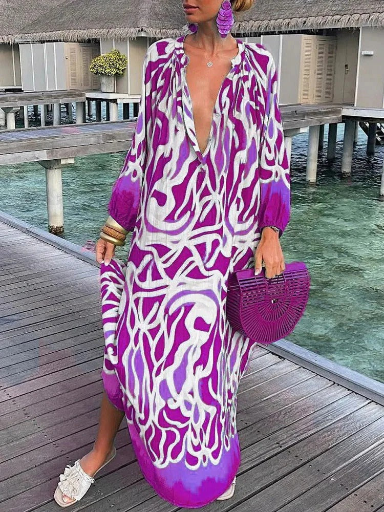 WOMEN'S BOHO PRINTED MAXI DRESS WITH DEEP V-NECK