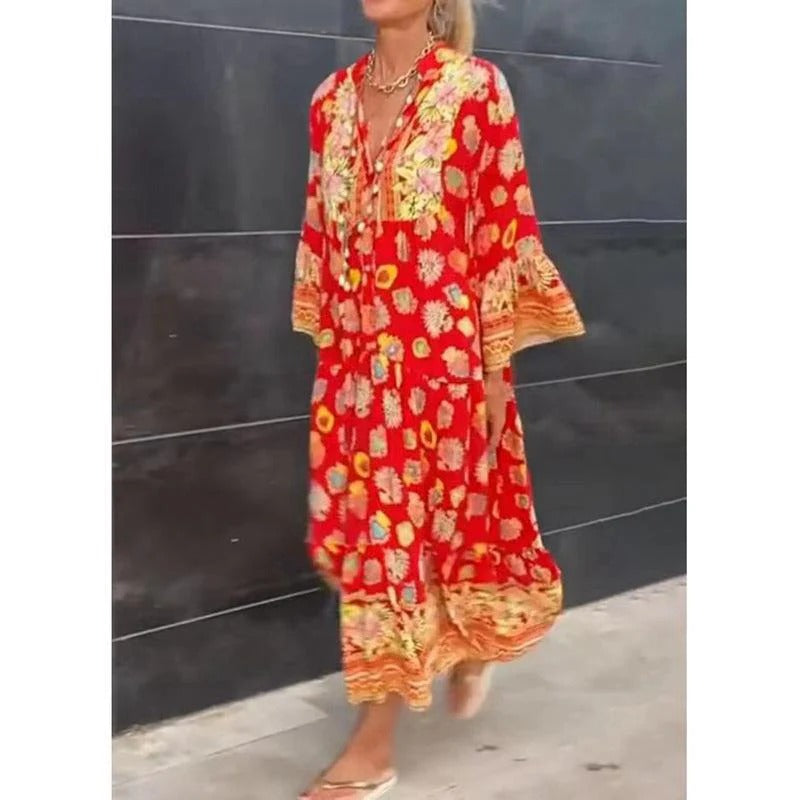 WOMEN'S BOHO FLORAL MAXI DRESS WITH LONG SLEEVES