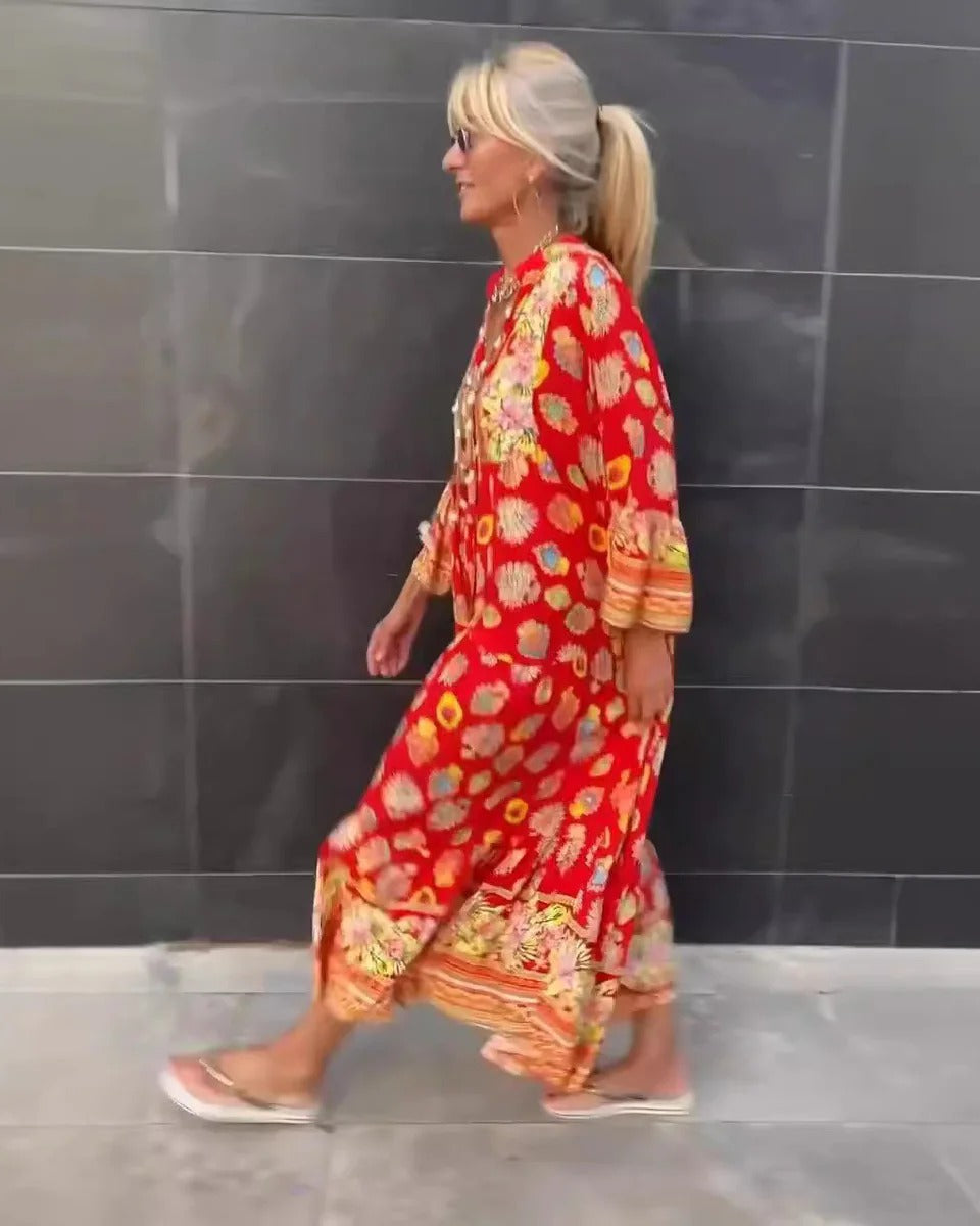 WOMEN'S BOHO FLORAL MAXI DRESS WITH LONG SLEEVES