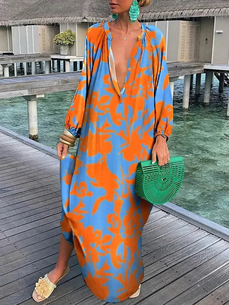 WOMEN'S BOHO PRINTED MAXI DRESS WITH DEEP V-NECK