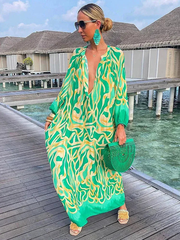 WOMEN'S BOHO PRINTED MAXI DRESS WITH DEEP V-NECK