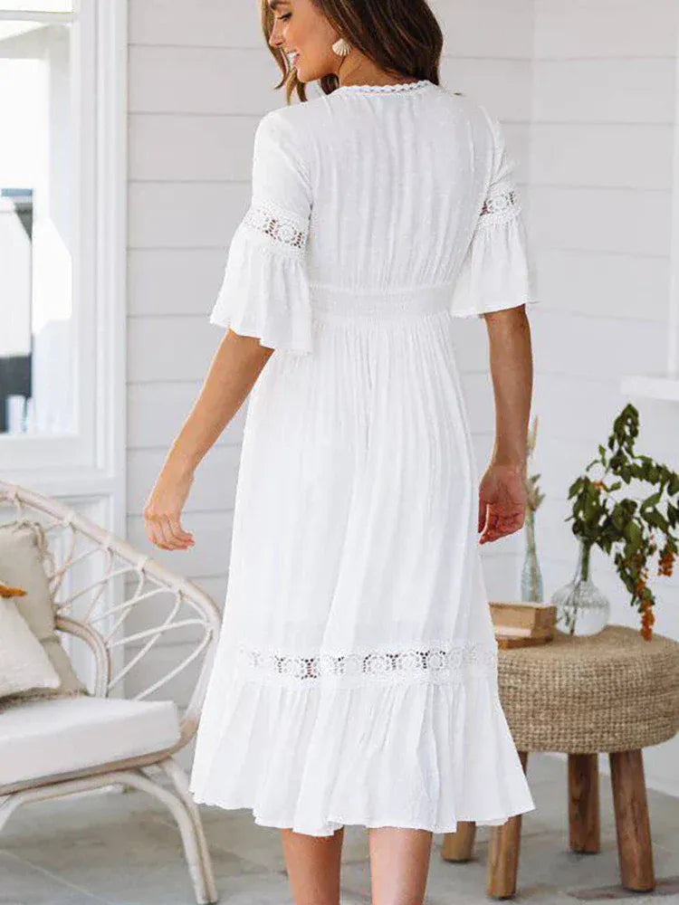 WOMEN'S BOHO MIDI DRESS WITH CROCHET TRIM AND V-NECK
