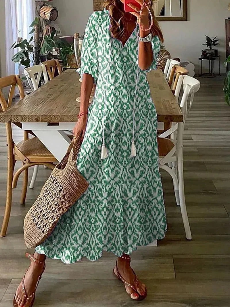 WOMEN'S BOHO FLORAL MAXI DRESS WITH FLOWY FIT AND V-NECK