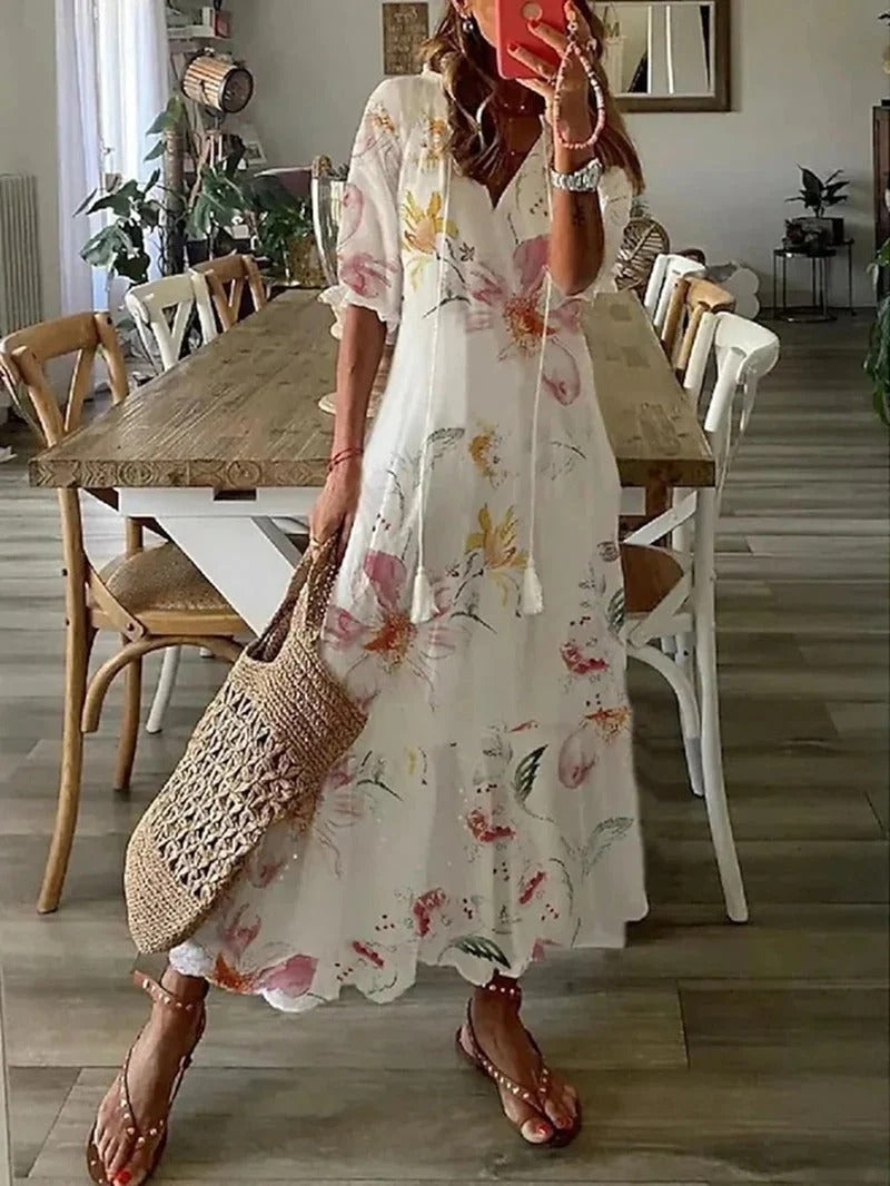 WOMEN'S BOHO FLORAL MAXI DRESS WITH FLOWY FIT AND V-NECK