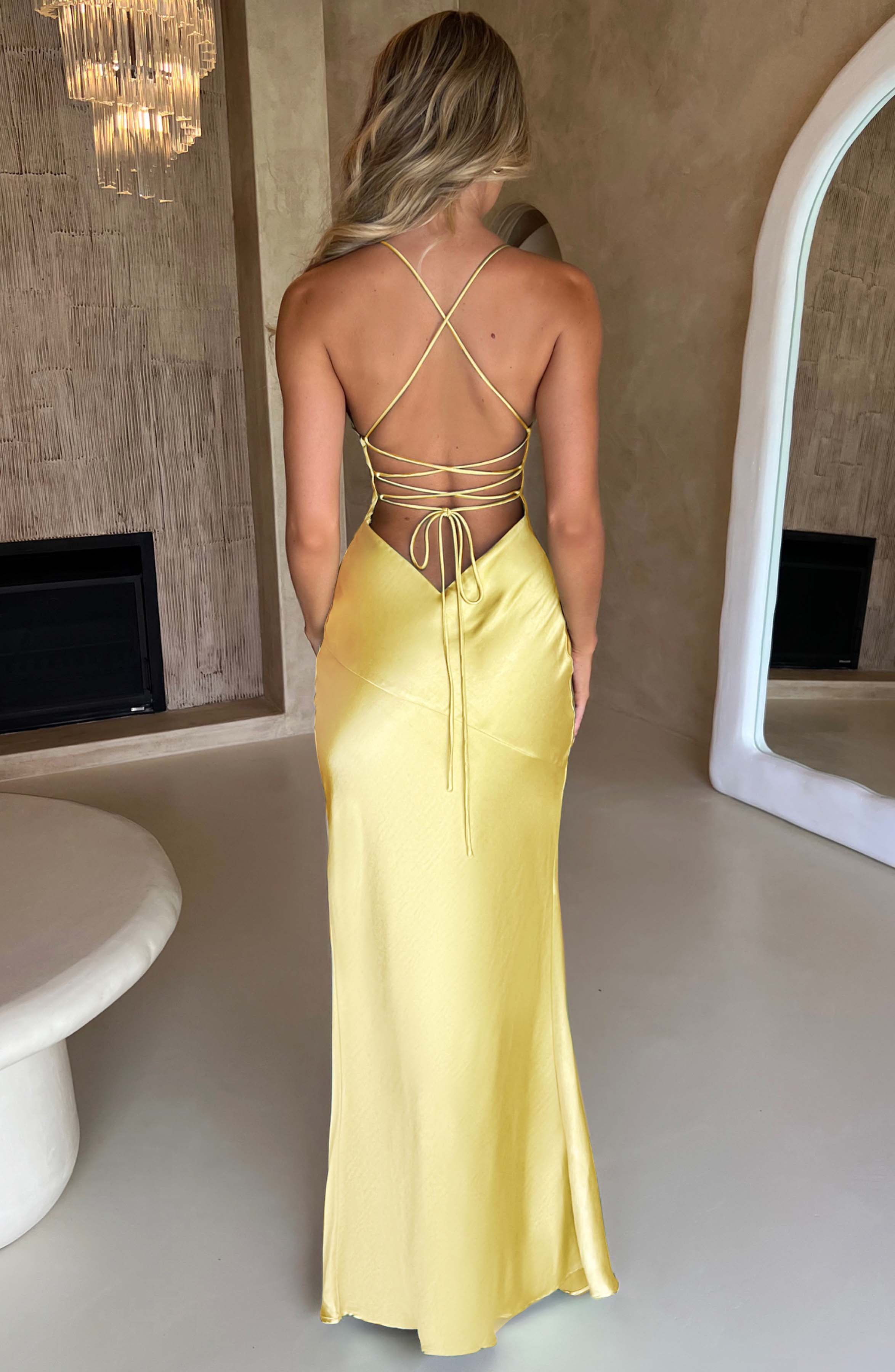 SPAGHETTI STRAPS HIGH SLIT SATIN WEDDING GUEST MAXI DRESS WITH OPEN BACK