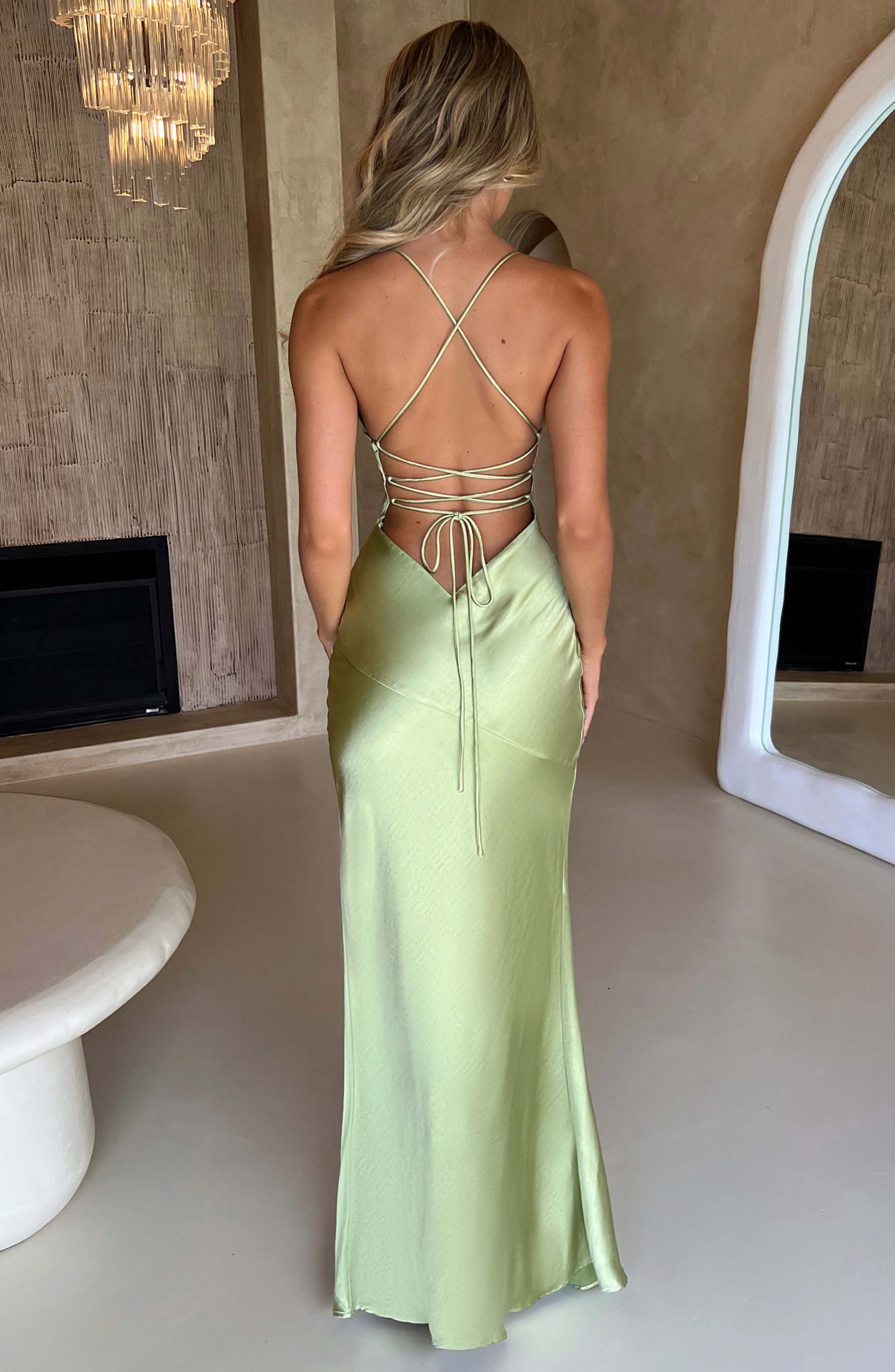 SPAGHETTI STRAPS HIGH SLIT SATIN WEDDING GUEST MAXI DRESS WITH OPEN BACK