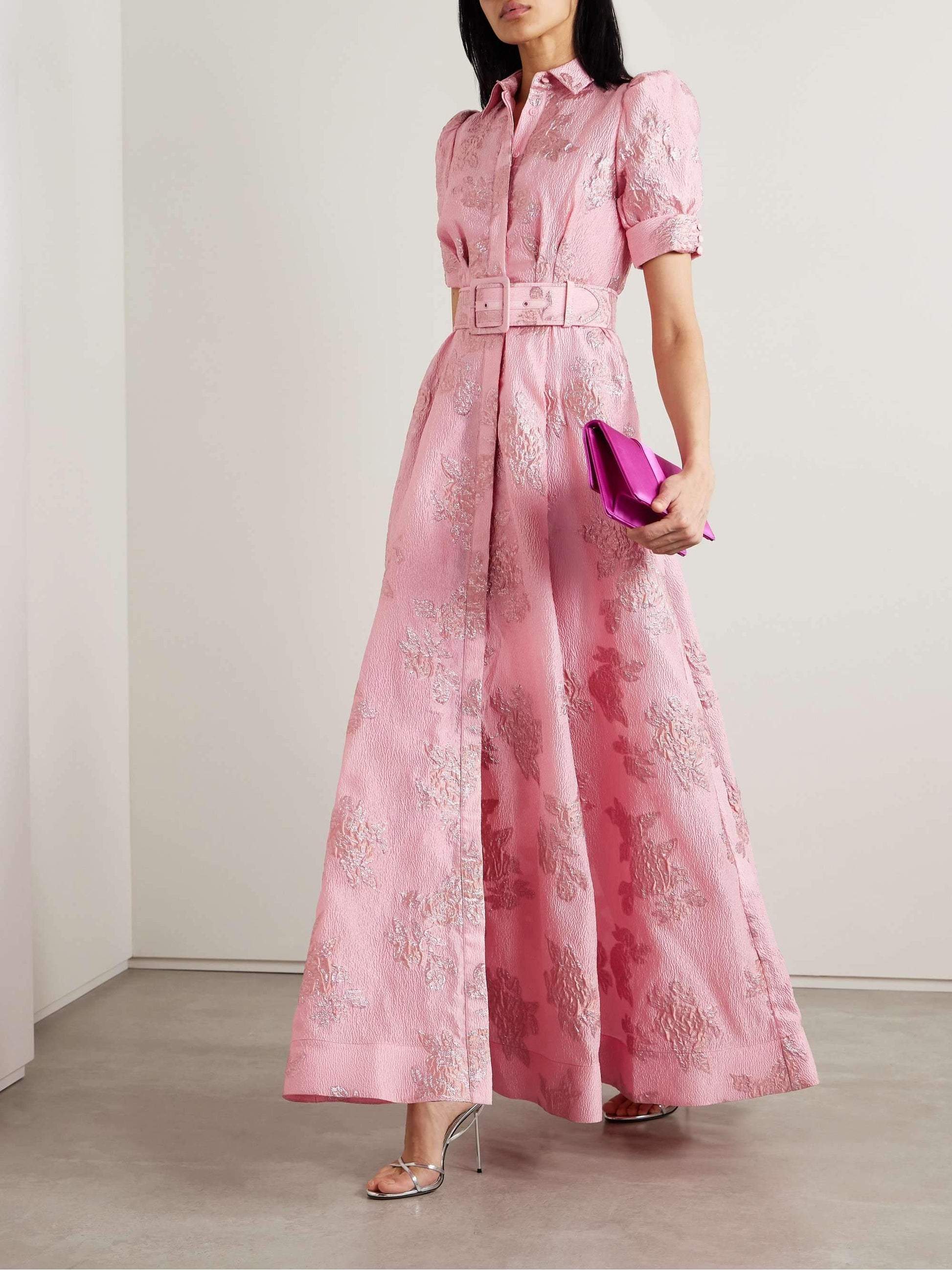 Women's Formal Maxi Dress With Puff Sleeves & Belted Buckle