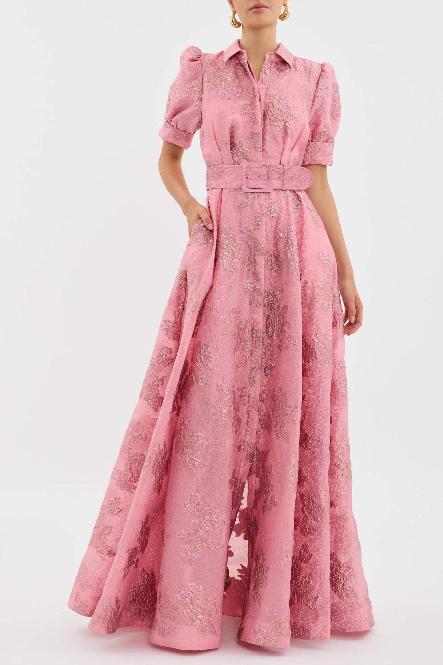 Women's Formal Maxi Dress With Puff Sleeves & Belted Buckle