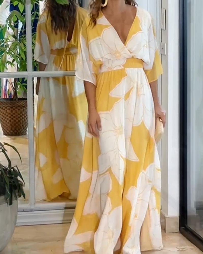 Women's Summer Floral Maxi Dress with V-neck & Elastic Waist