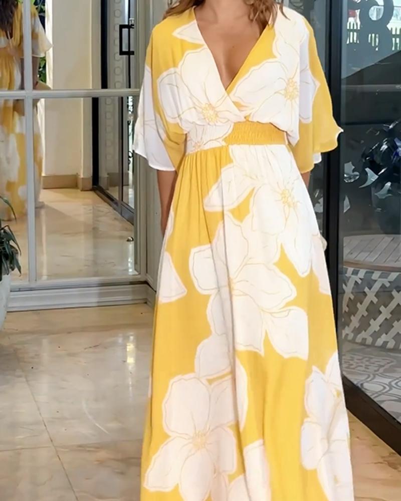 Women's Summer Floral Maxi Dress with V-neck & Elastic Waist