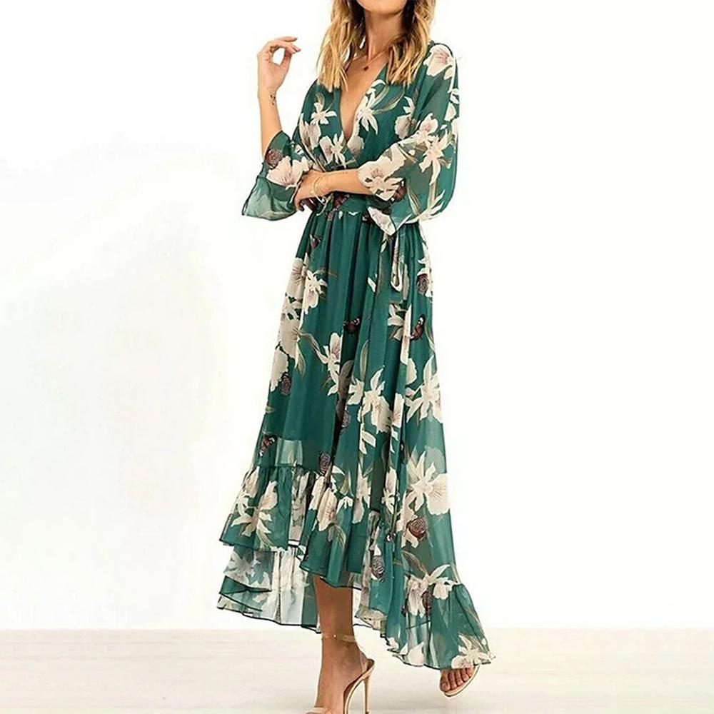 Women's Floral Maxi Dress With V-neck & Ruffles Hem