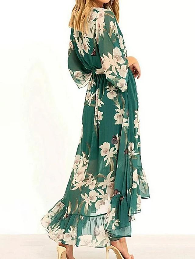 Women's Floral Maxi Dress With V-neck & Ruffles Hem
