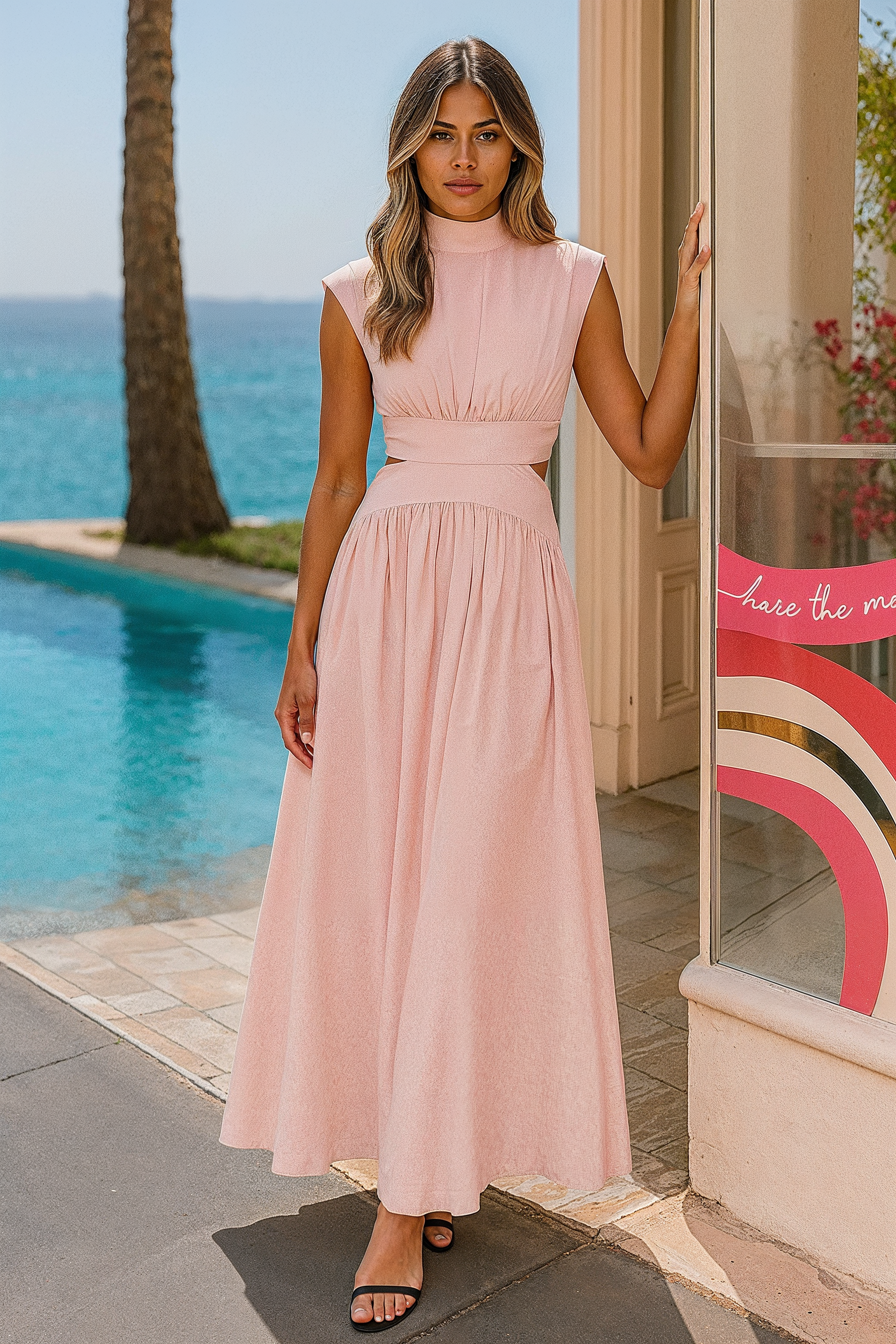 WOVEN POLYESTER MOCK-NECK CUT-OUT MAXI DRESS
