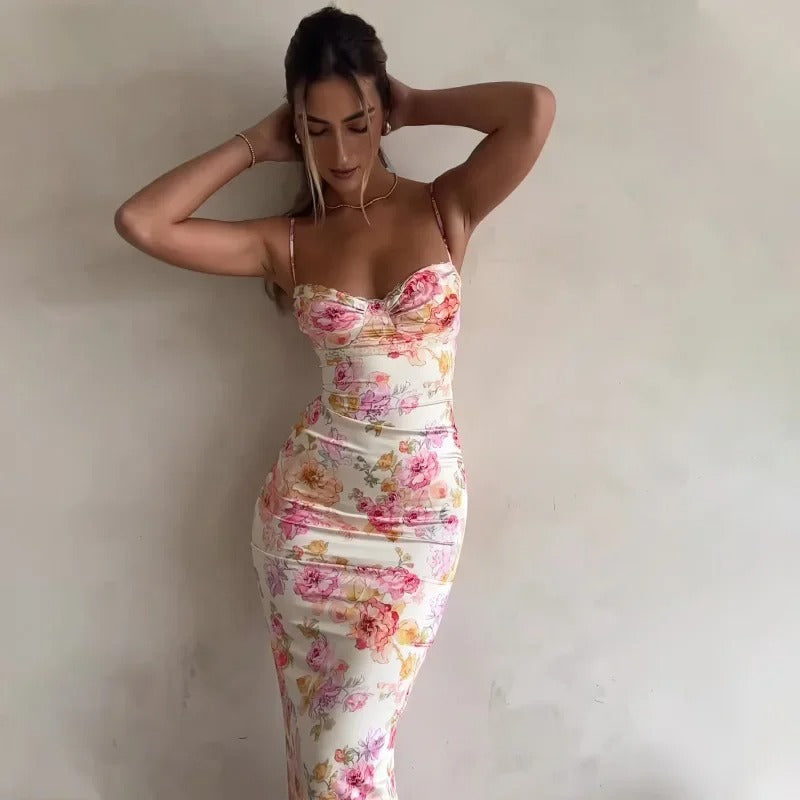 Women's Floral Satin Maxi Dress With Spaghetti Straps