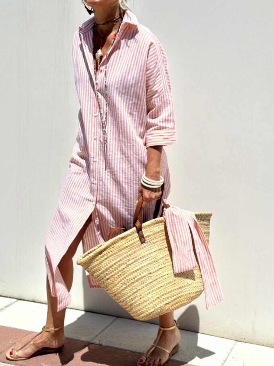Women's Striped Shirt Dress With Long Sleeves And Button Front
