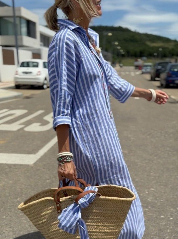 Women's Striped Shirt Dress With Long Sleeves And Button Front