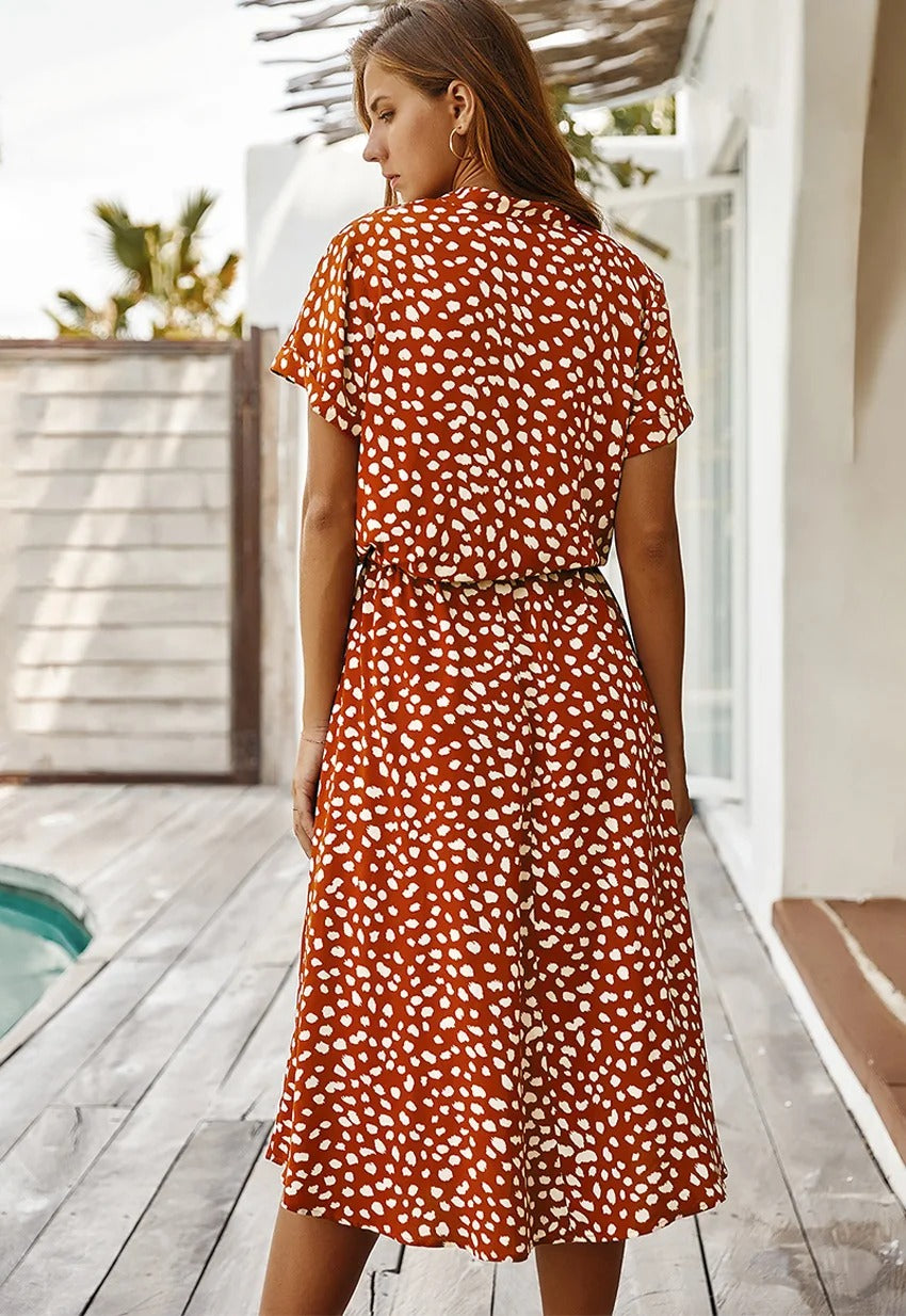 Women's Printed Button-down Midi Dress With Short Sleeves And Drawstring Waist