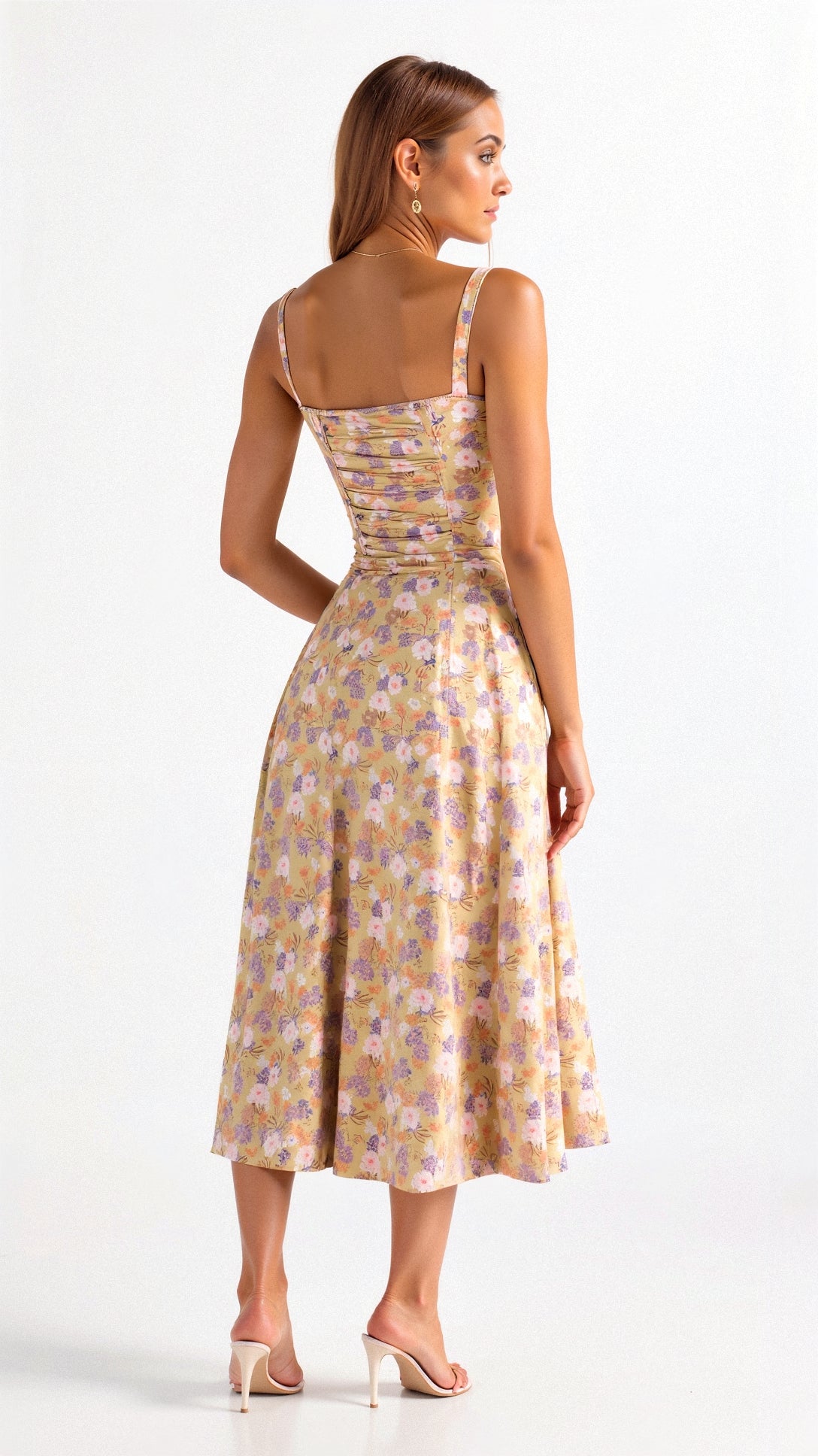 Women's Floral Midi Dress With Sweetheart Neckline And Front Slit