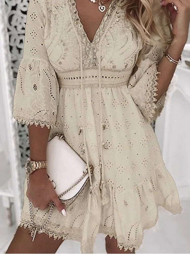 Women's Eyelet Mini Dress With V-neck And Drawstring Waist