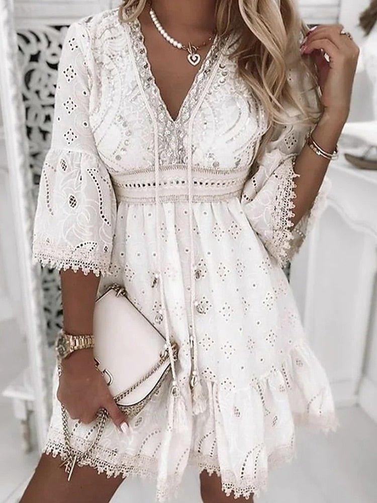 Women's Eyelet Mini Dress With V-neck And Drawstring Waist