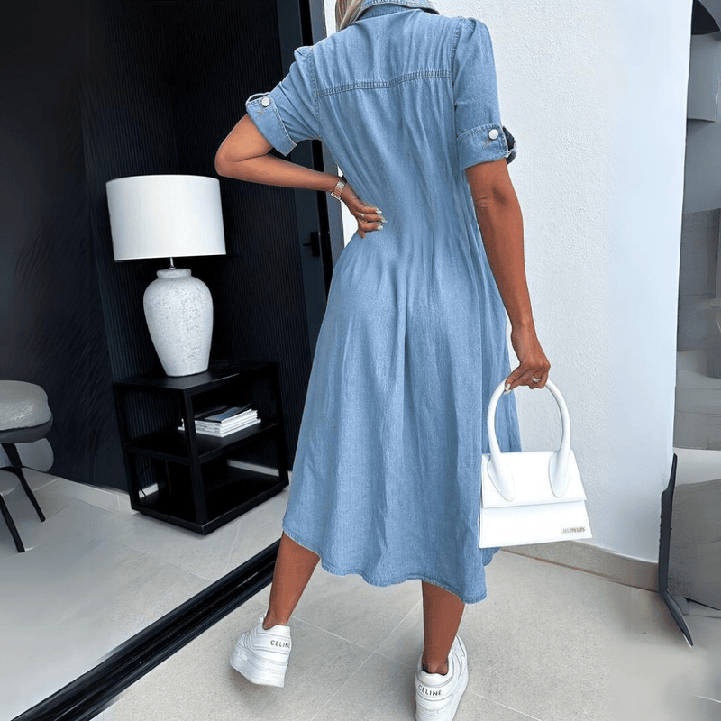 Women's Denim Midi Dress With Button Front & Short Sleeves