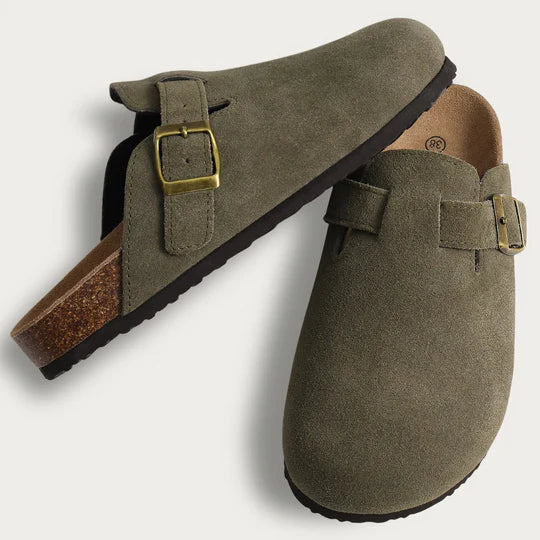 Women's Suede Cork Slippers With Buckle Strap