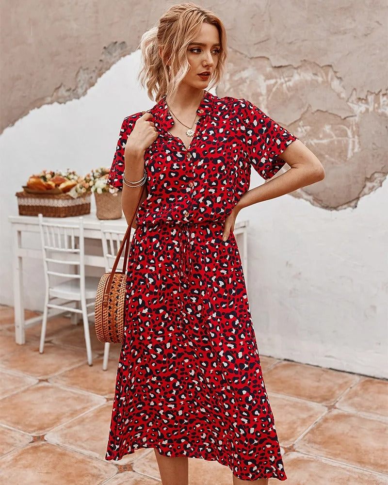 Women's Printed Button-down Midi Dress With Short Sleeves And Drawstring Waist