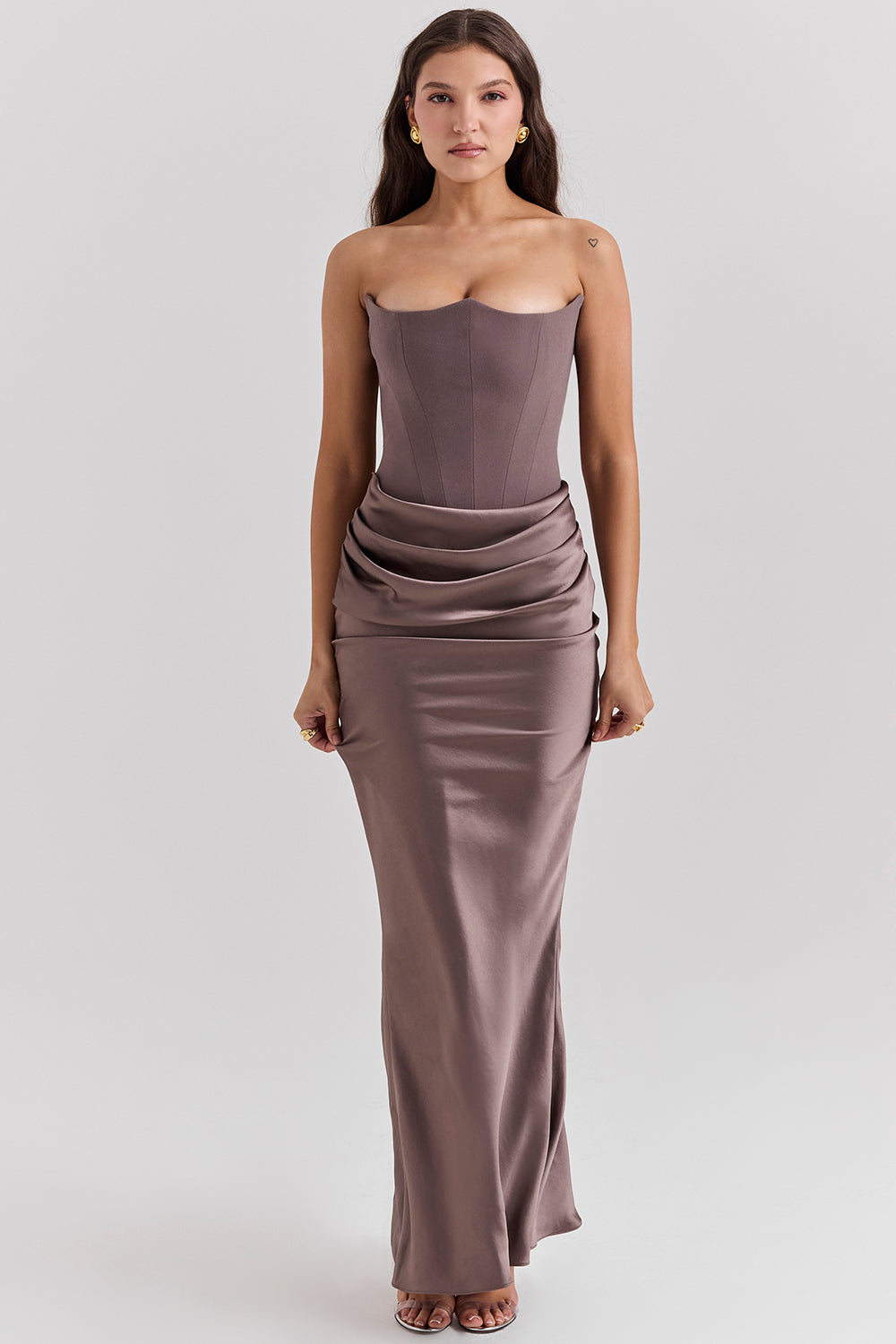 Women's Strapless Maxi Dress With Draped Waist & Slim Fit