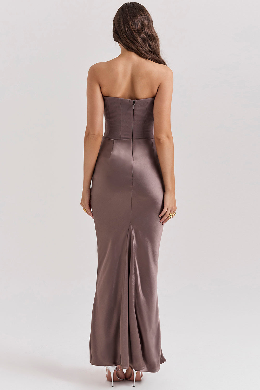 Women's Strapless Maxi Dress With Draped Waist & Slim Fit