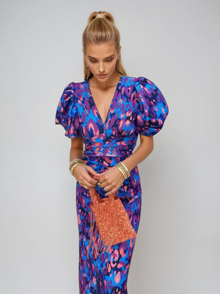Women's Elegant Floral Midi Dress With Puff Sleeves And V-neck