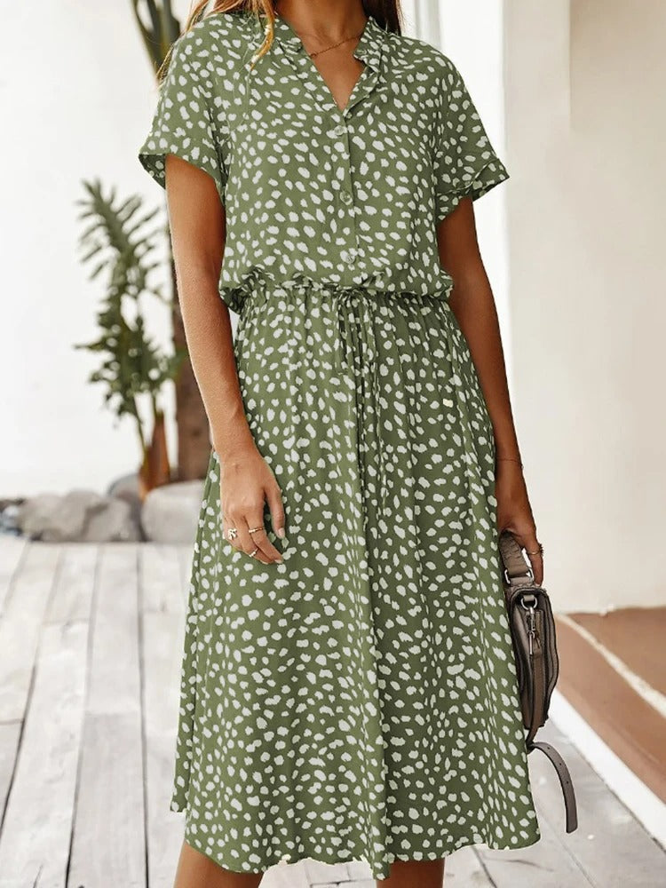 Women's Printed Button-down Midi Dress With Short Sleeves And Drawstring Waist